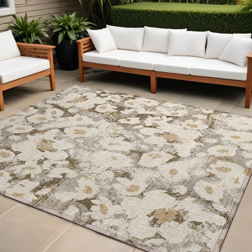 10' X 14' Khaki Floral Washable Non Skid Indoor Outdoor Area Rug
