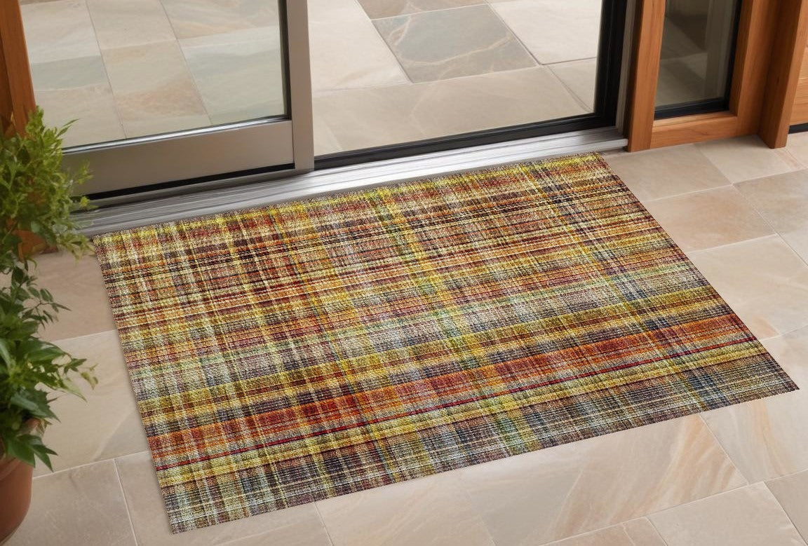 2' X 3' Orange Plaid Washable Non Skid Indoor Outdoor Area Rug