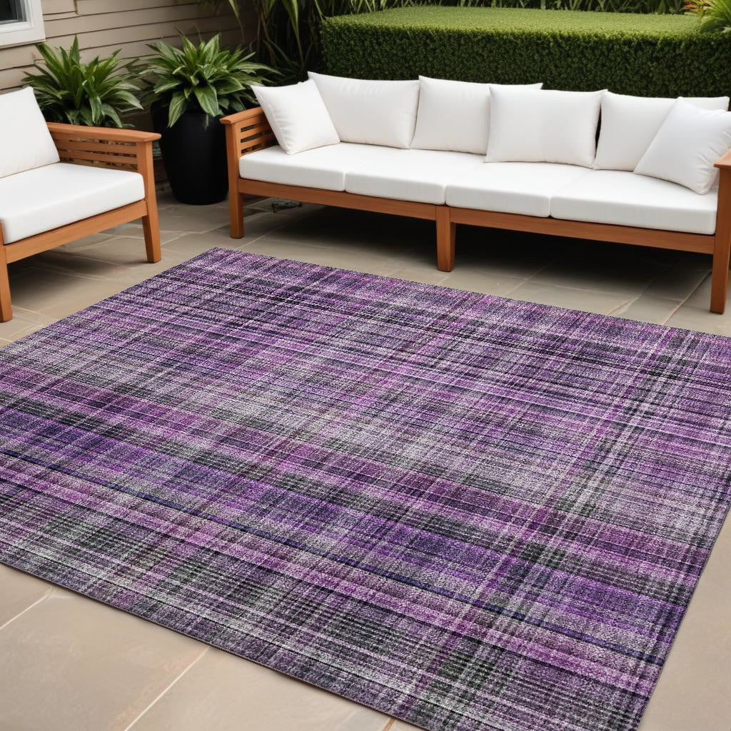9' X 12' Purple Plaid Washable Non Skid Indoor Outdoor Area Rug