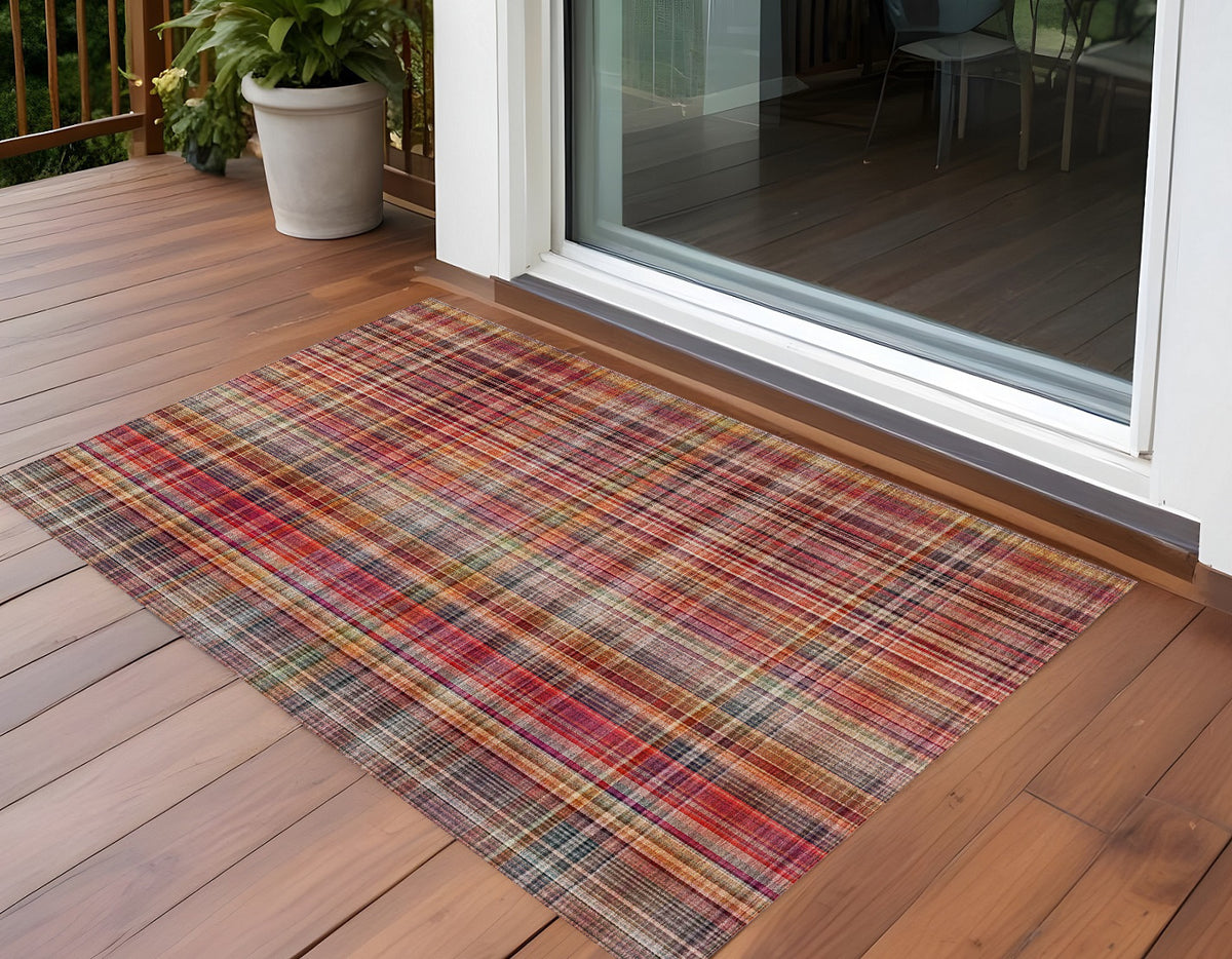3' X 5' Red Plaid Washable Non Skid Indoor Outdoor Area Rug