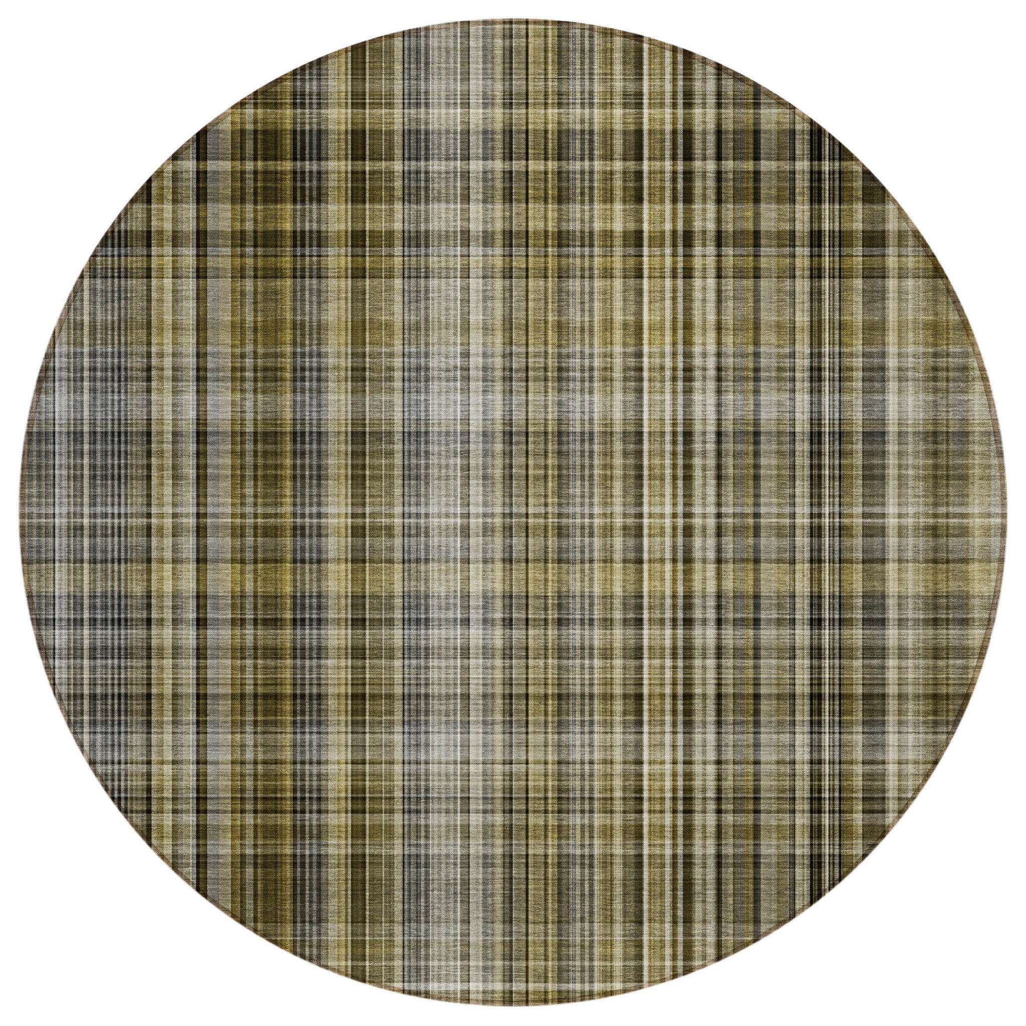 8' Round Taupe Round Plaid Washable Non Skid Indoor Outdoor Area Rug