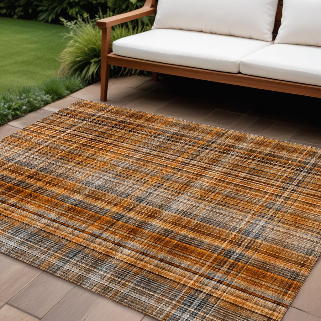 9' X 12' Terra Cotta Plaid Washable Non Skid Indoor Outdoor Area Rug