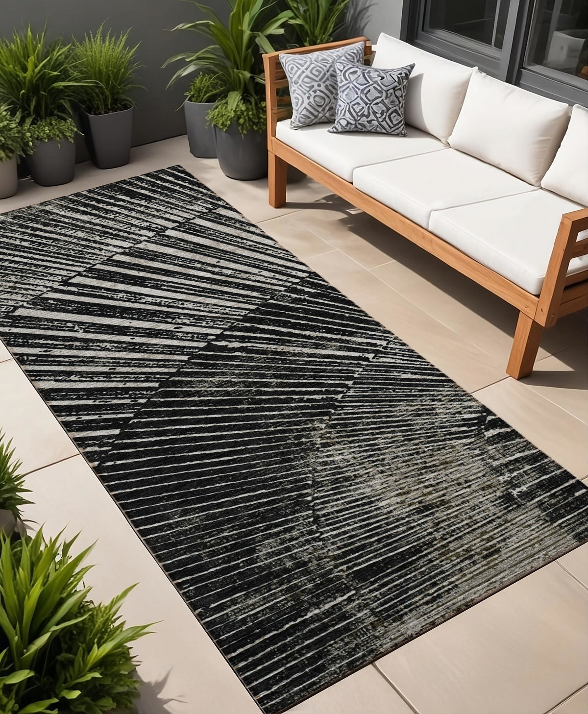 8' Runner Black And Ivory Abstract Washable Non Skid Indoor Outdoor Runner Rug