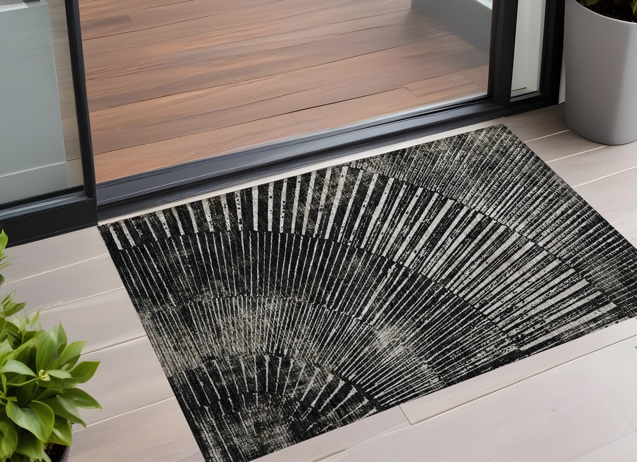 3' X 5' Black And Ivory Abstract Washable Non Skid Indoor Outdoor Area Rug