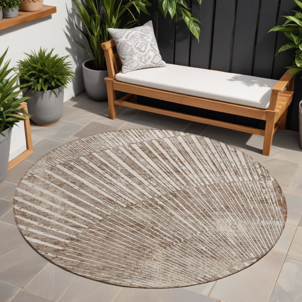 8' Round Taupe And Ivory Round Abstract Washable Non Skid Indoor Outdoor Area Rug