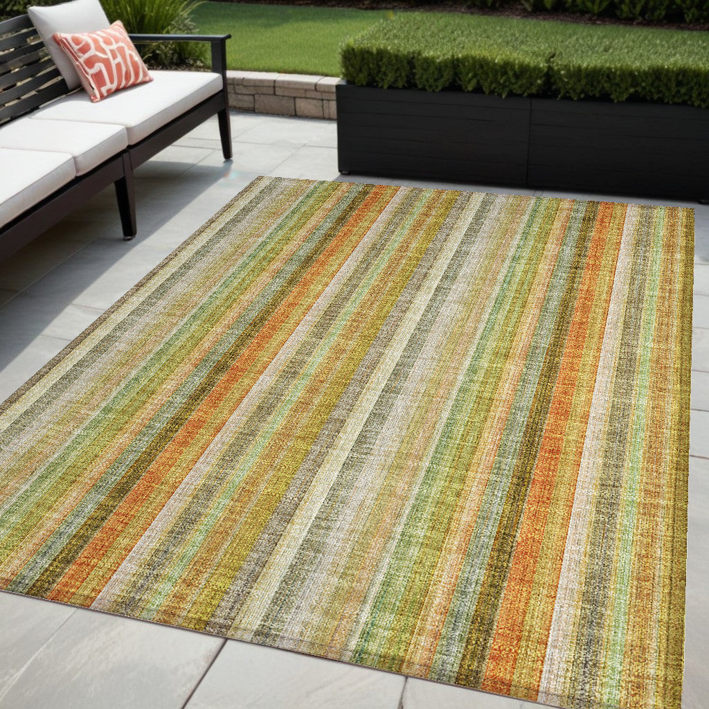 5' X 8' Tan Orange And Green Striped Washable Non Skid Indoor Outdoor Area Rug