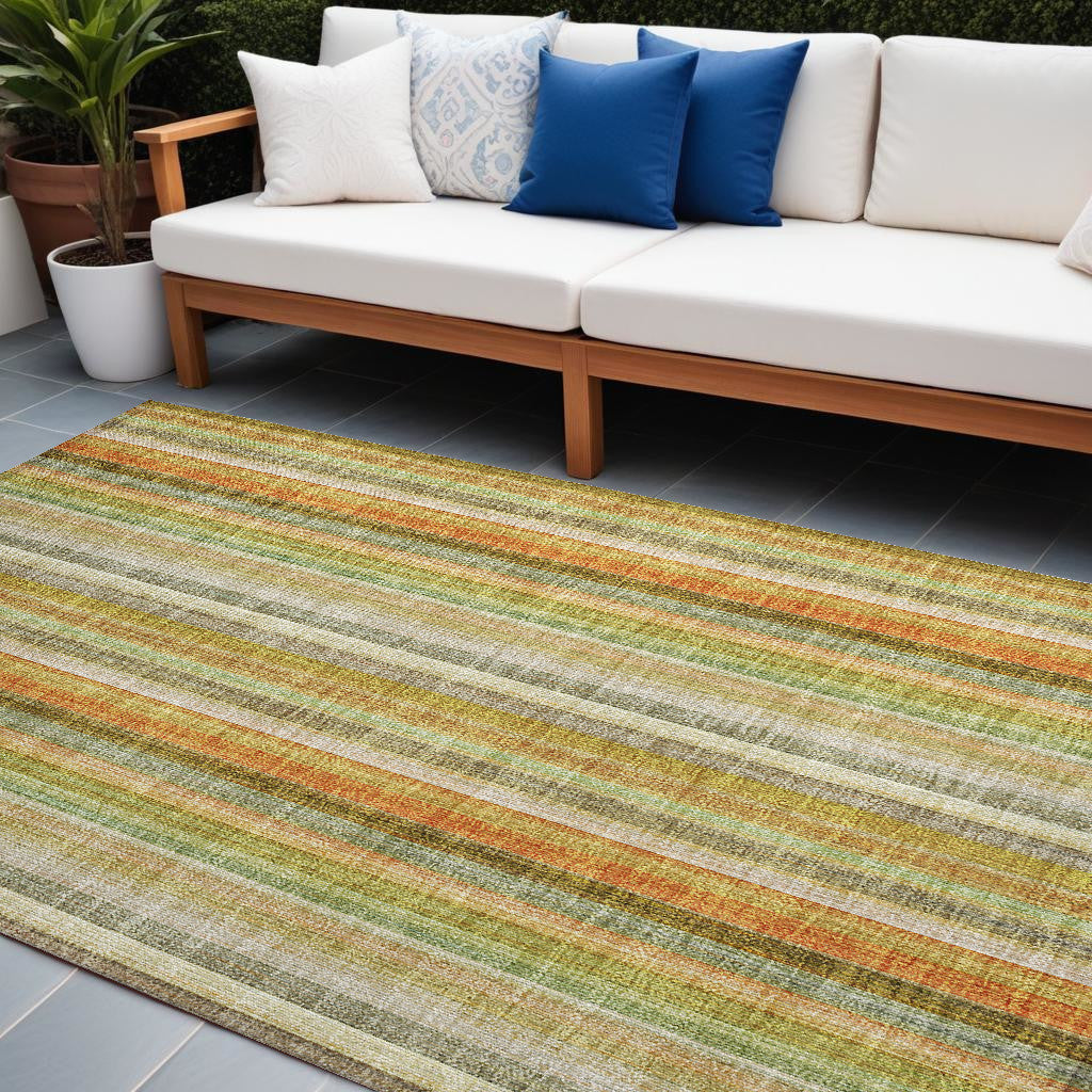 9' X 12' Tan Orange And Green Striped Washable Non Skid Indoor Outdoor Area Rug