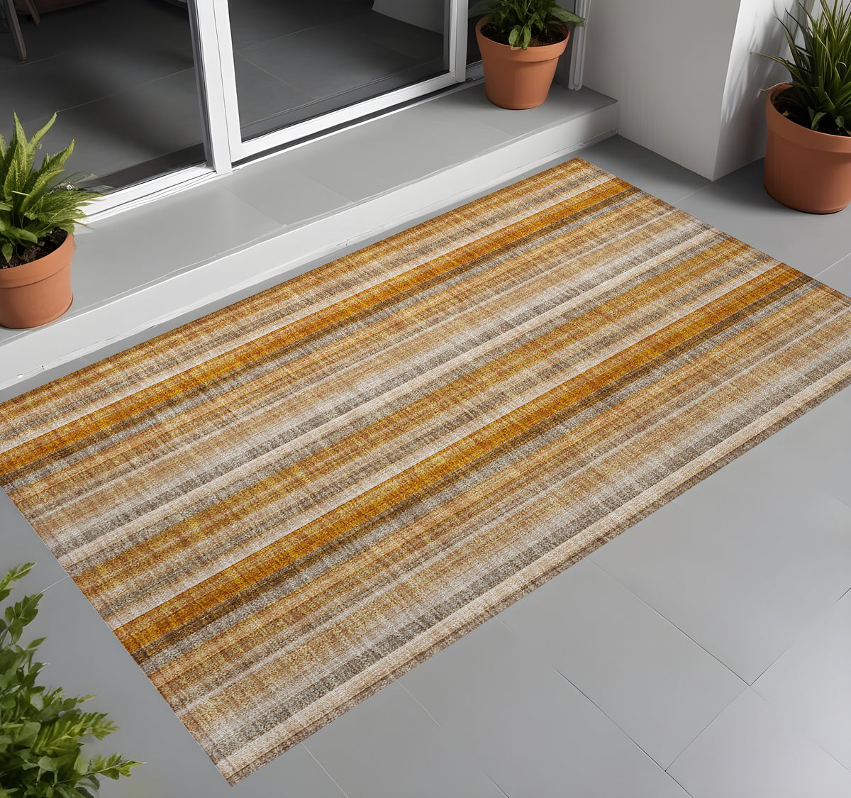 3' X 5' Orange Ivory And Gray Striped Washable Non Skid Indoor Outdoor Area Rug