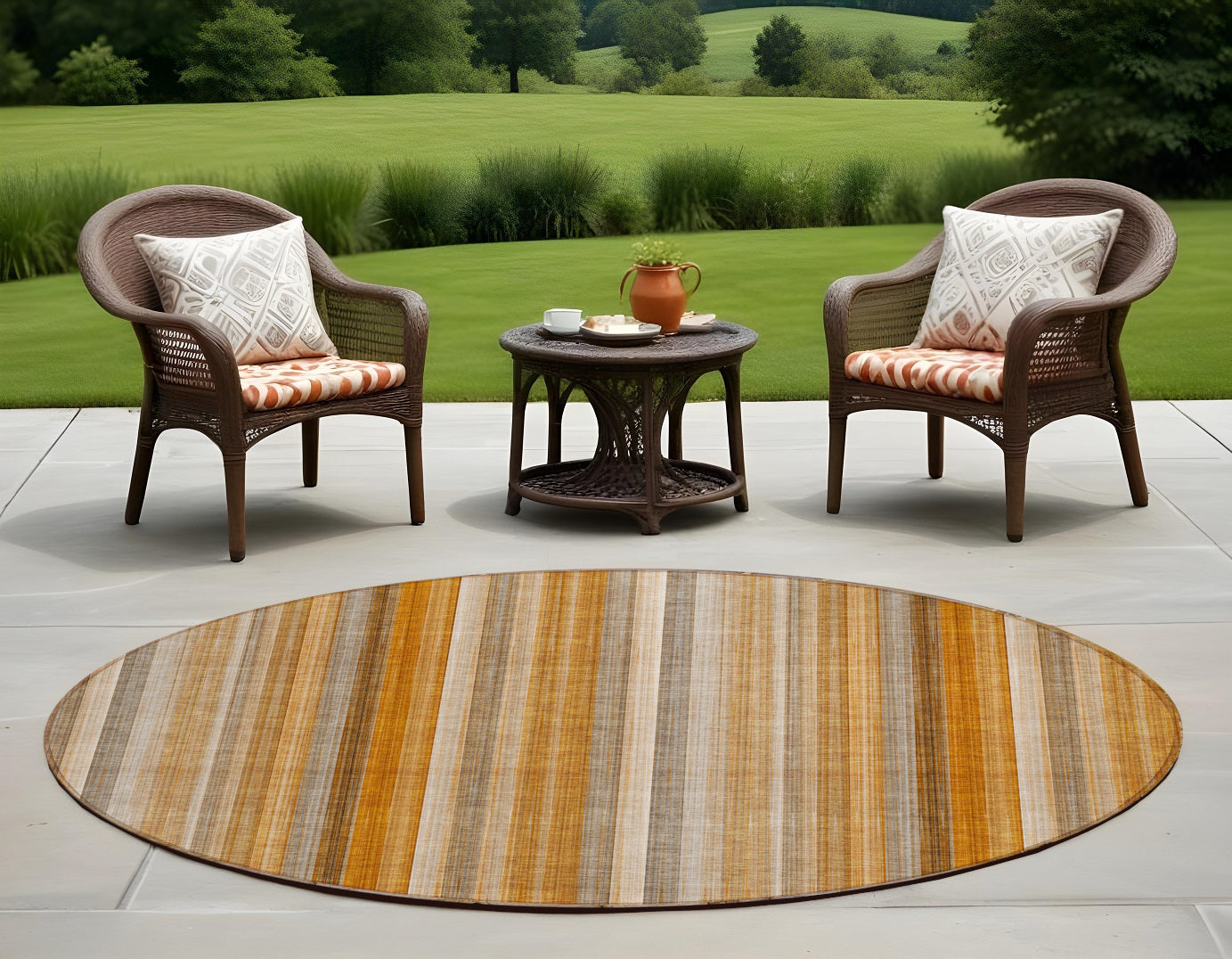 8' Round Orange Ivory And Gray Round Striped Washable Non Skid Indoor Outdoor Area Rug