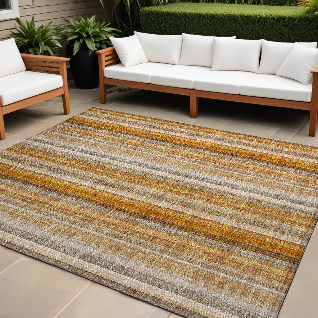 9' X 12' Orange Ivory And Gray Striped Washable Non Skid Indoor Outdoor Area Rug