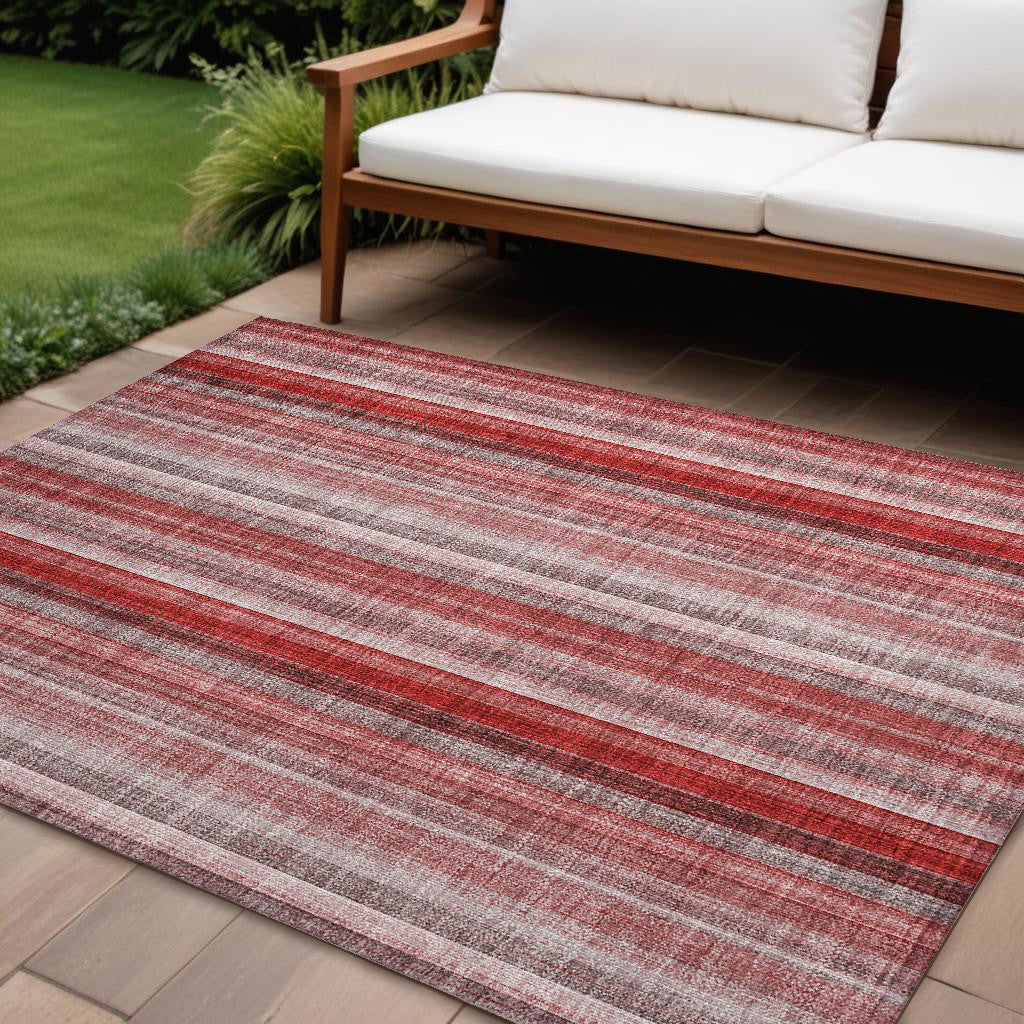 9' X 12' Gray Pink And Red Striped Washable Non Skid Indoor Outdoor Area Rug