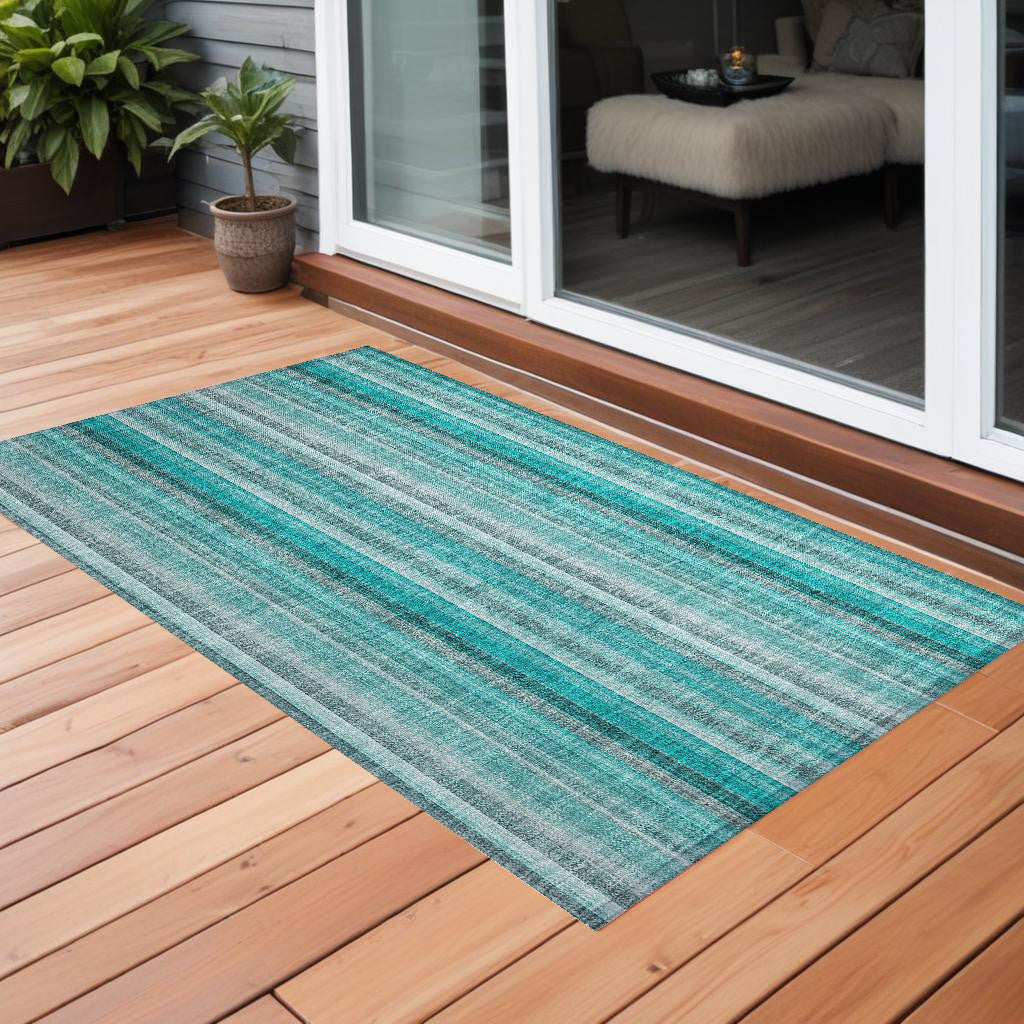 3' X 5' Teal And Gray Striped Washable Non Skid Indoor Outdoor Area Rug