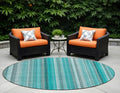 8' Round Teal And Gray Round Striped Washable Non Skid Indoor Outdoor Area Rug