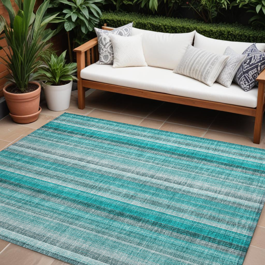 9' X 12' Teal And Gray Striped Washable Non Skid Indoor Outdoor Area Rug