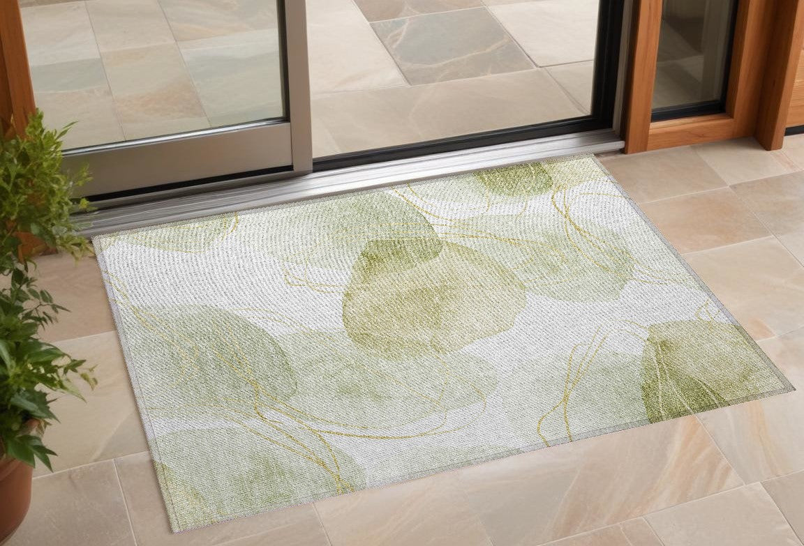 3' X 5' Green And Ivory Abstract Washable Non Skid Indoor Outdoor Area Rug