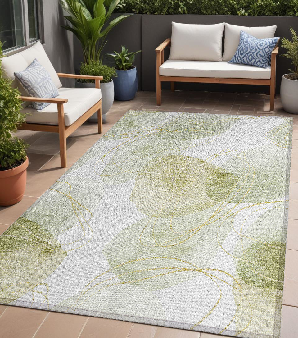 5' X 8' Green And Ivory Abstract Washable Non Skid Indoor Outdoor Area Rug