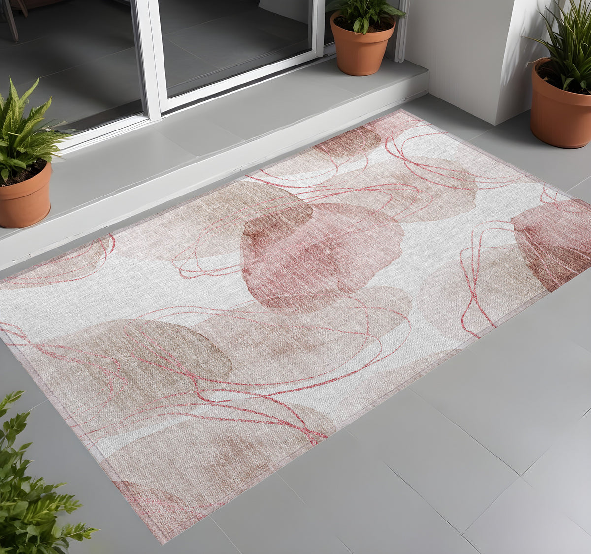 3' X 5' Merlot And Ivory Abstract Washable Non Skid Indoor Outdoor Area Rug