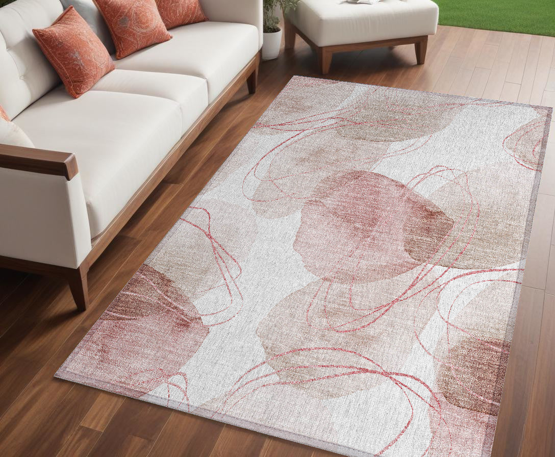 5' X 8' Merlot And Ivory Abstract Washable Non Skid Indoor Outdoor Area Rug