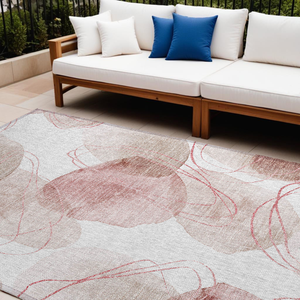 9' X 12' Merlot And Ivory Abstract Washable Non Skid Indoor Outdoor Area Rug