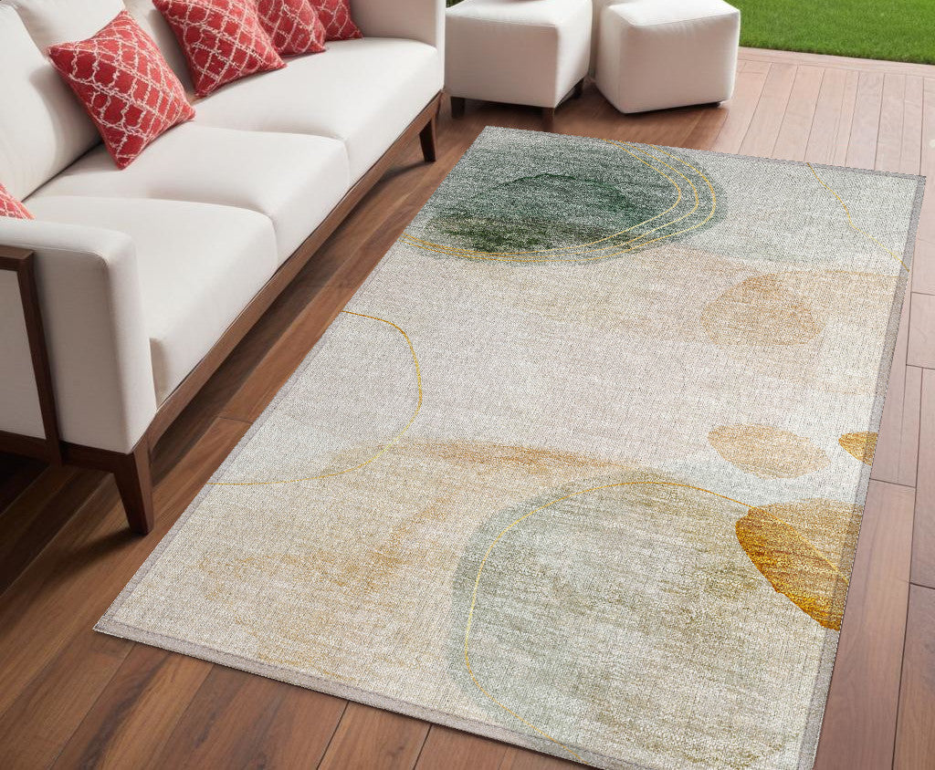5' X 8' Beige And Green Abstract Washable Non Skid Indoor Outdoor Area Rug