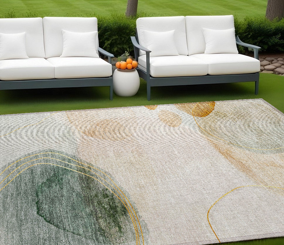 8' X 10' Beige And Green Abstract Washable Non Skid Indoor Outdoor Area Rug