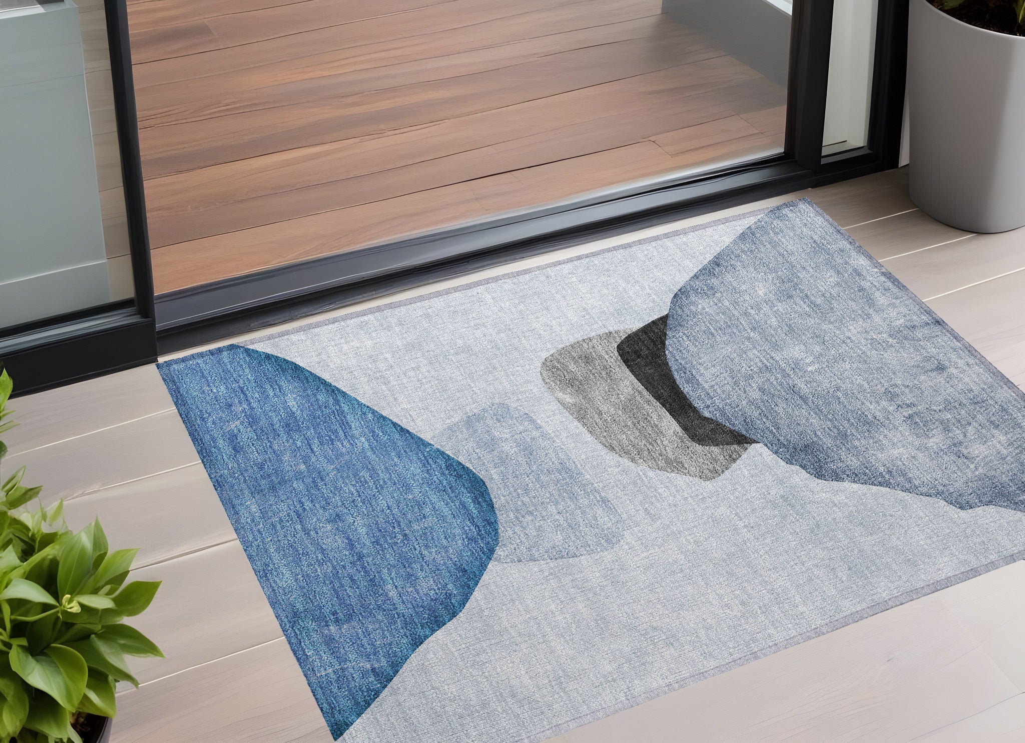 2' X 3' Blue Gray And Black Abstract Washable Non Skid Indoor Outdoor Area Rug