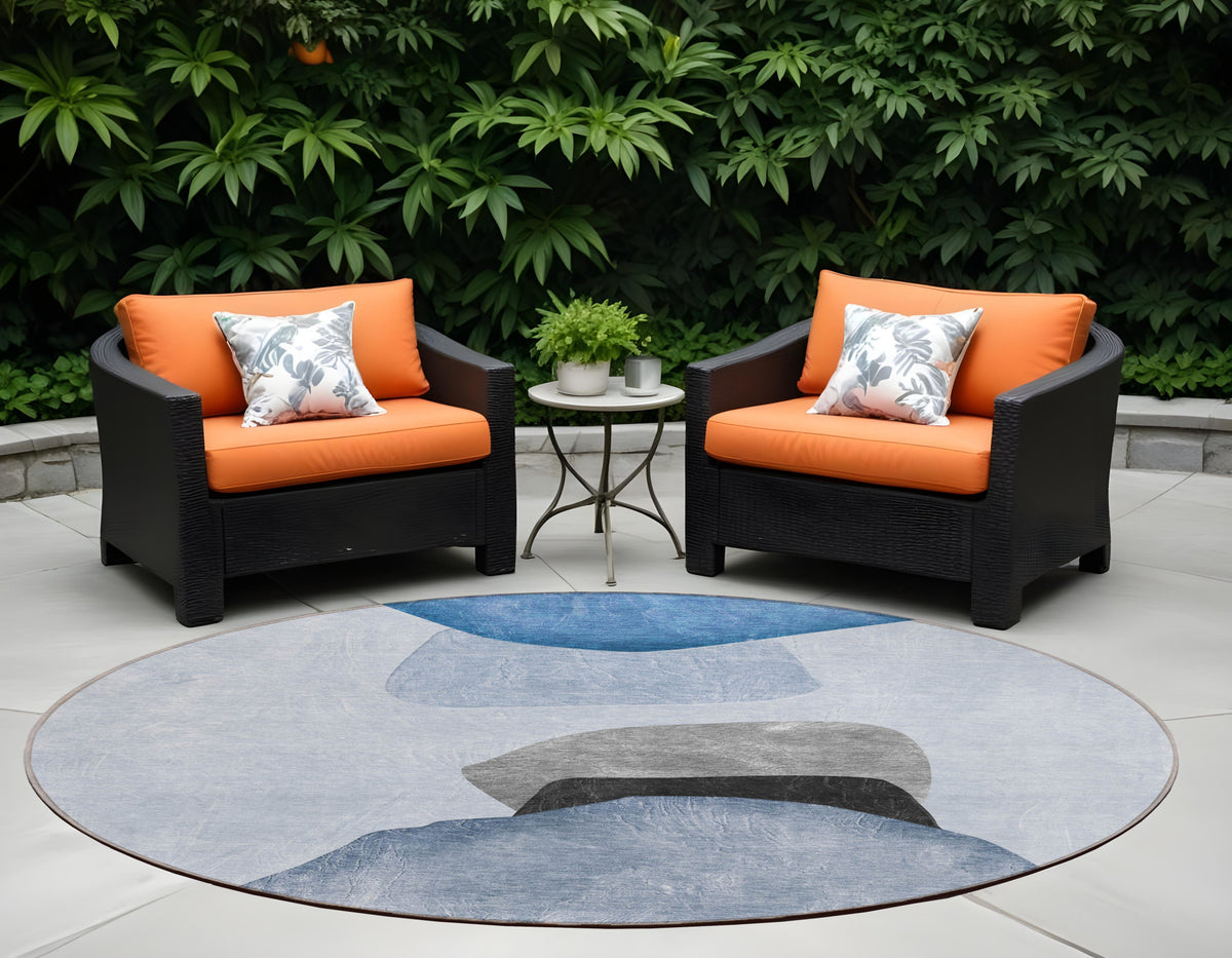 8' Round Blue Gray And Black Round Abstract Washable Non Skid Indoor Outdoor Area Rug