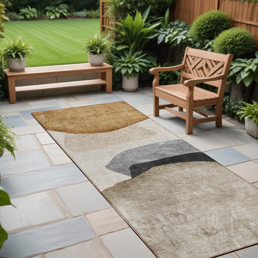 8' Runner Tan Brown And Gray Abstract Washable Non Skid Indoor Outdoor Runner Rug