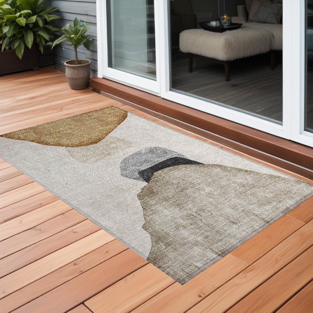 3' X 5' Tan Brown And Gray Abstract Washable Non Skid Indoor Outdoor Area Rug
