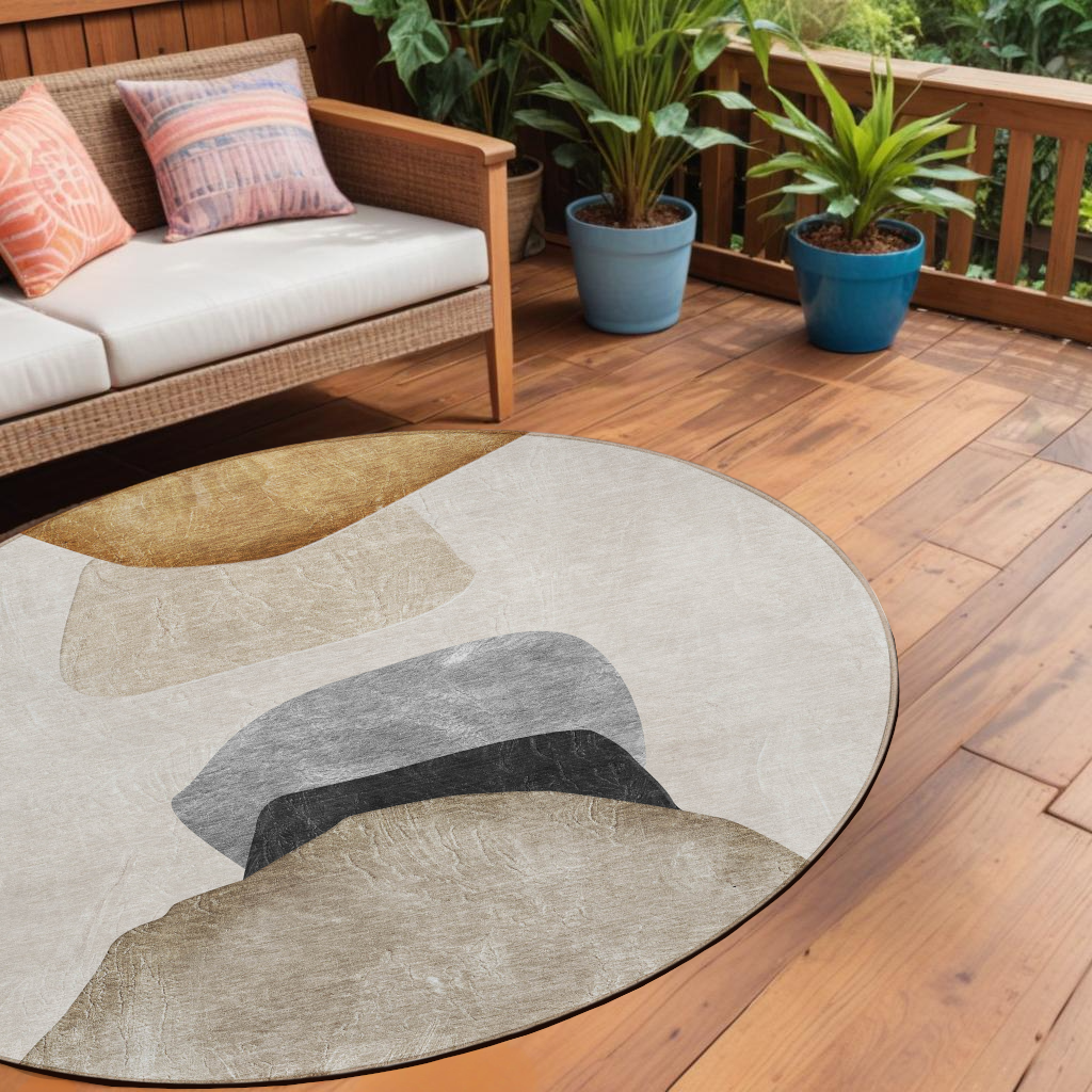 8' Round Tan Brown And Gray Round Abstract Washable Non Skid Indoor Outdoor Area Rug