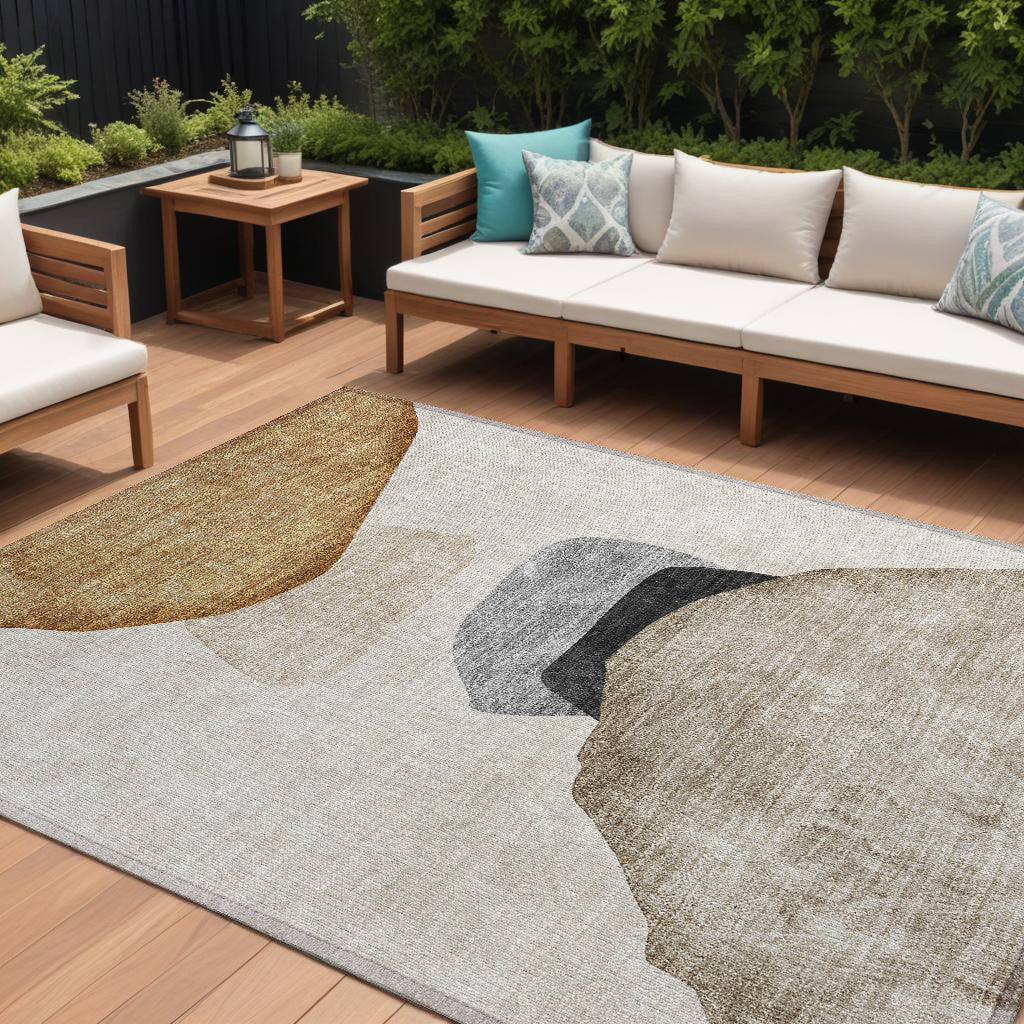 10' X 14' Tan Brown And Gray Abstract Washable Non Skid Indoor Outdoor Area Rug