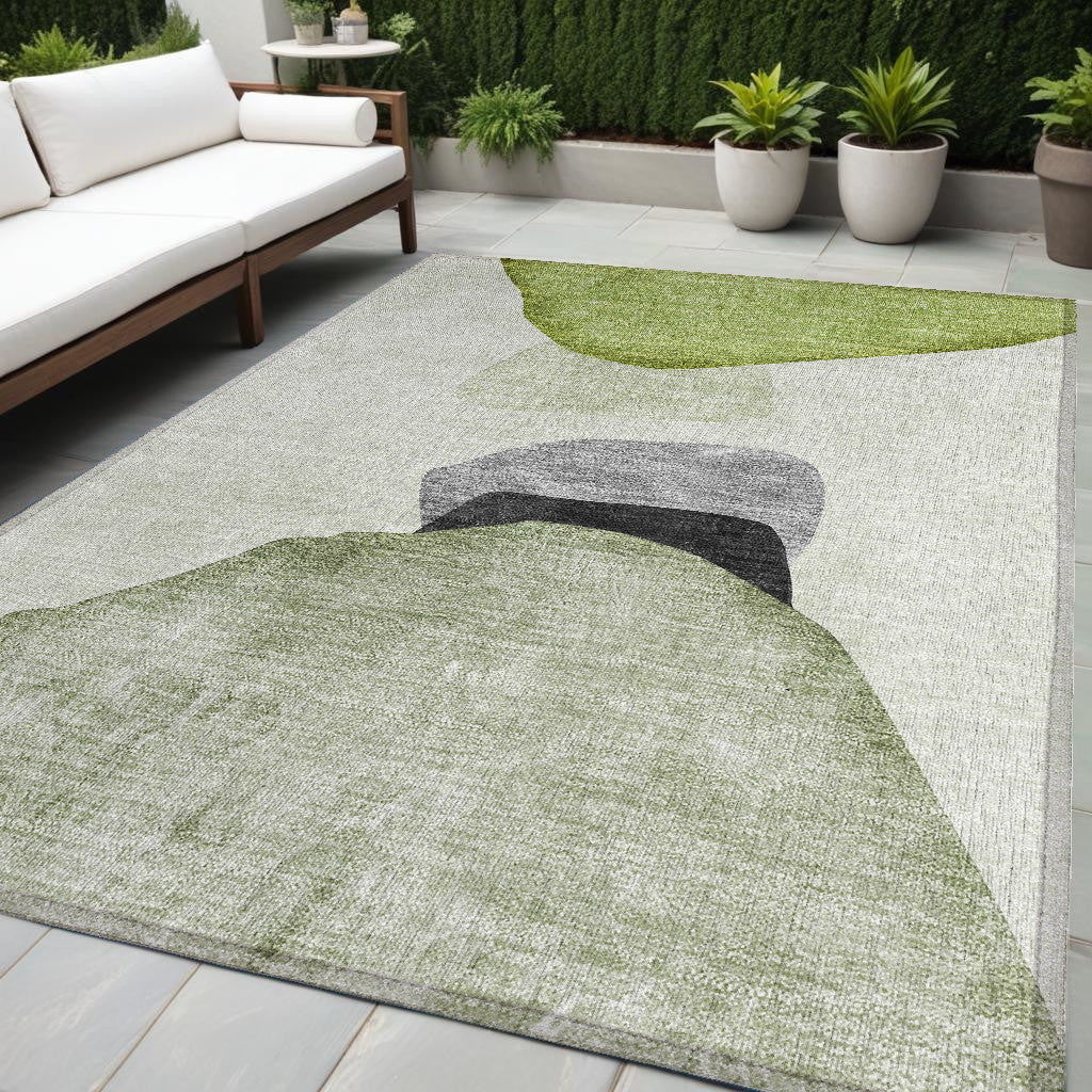 5' X 8' Green Black And Gray Abstract Washable Non Skid Indoor Outdoor Area Rug