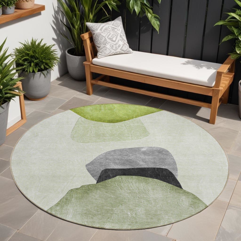 8' Round Green Black And Gray Round Abstract Washable Non Skid Indoor Outdoor Area Rug
