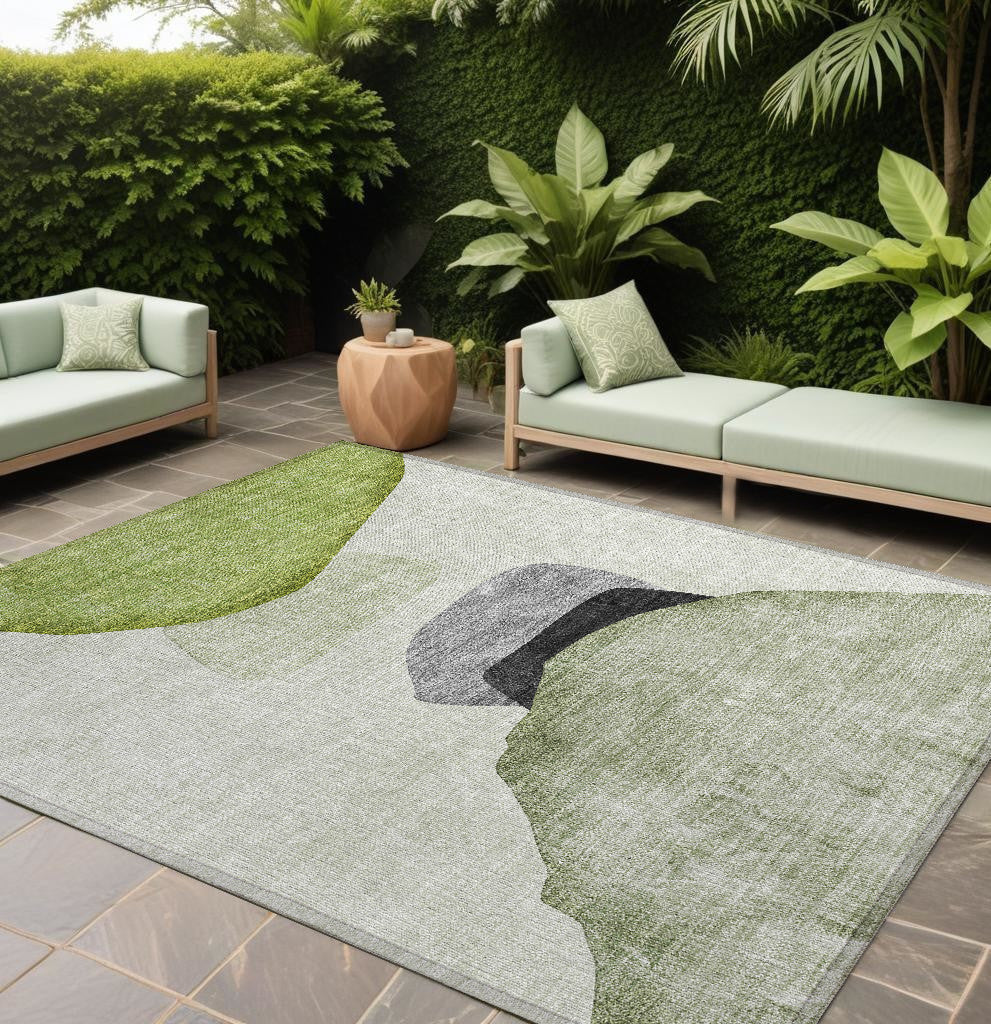 10' X 14' Green Black And Gray Abstract Washable Non Skid Indoor Outdoor Area Rug