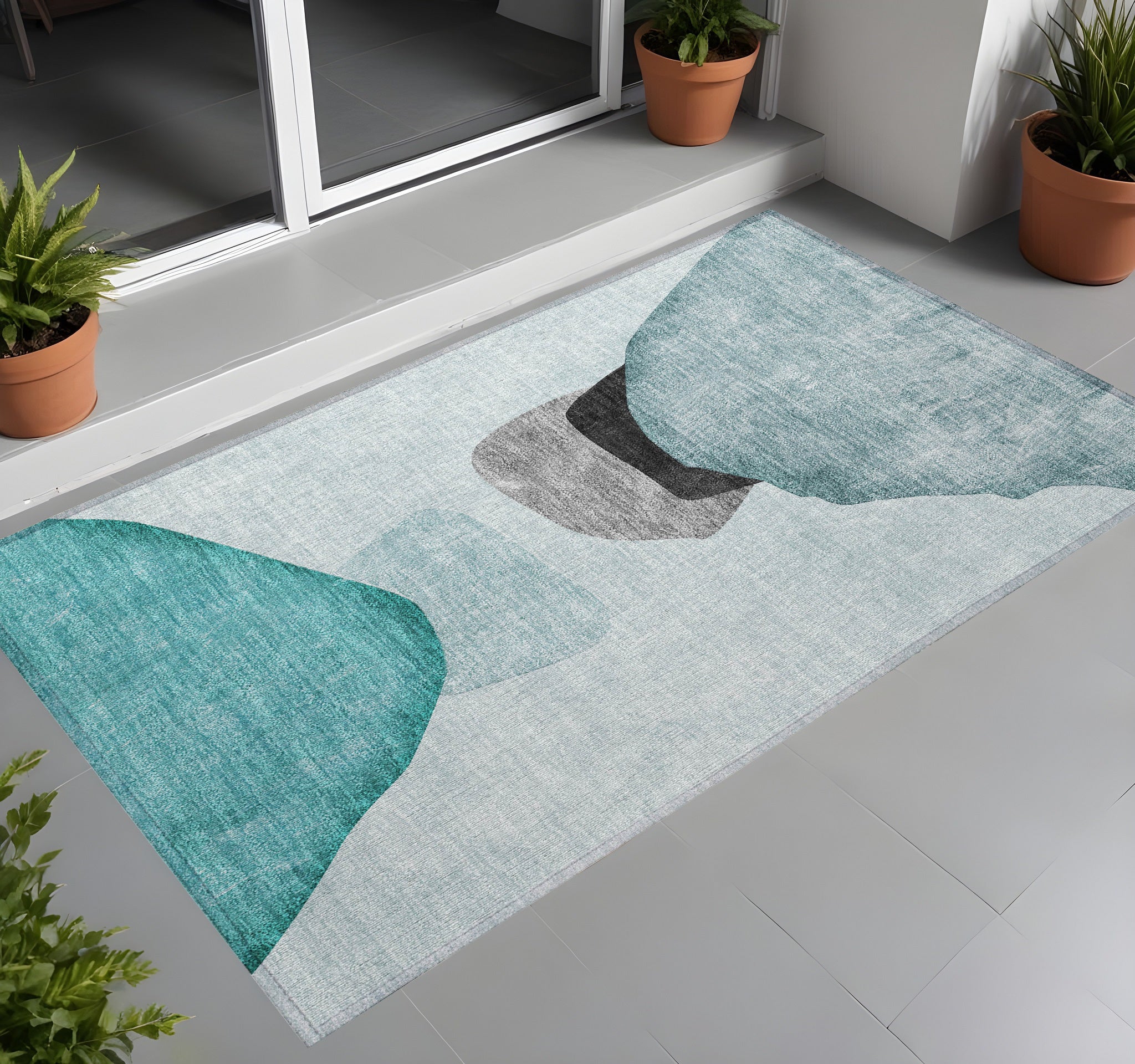 2' X 3' Teal Ivory And Gray Abstract Washable Non Skid Indoor Outdoor Area Rug