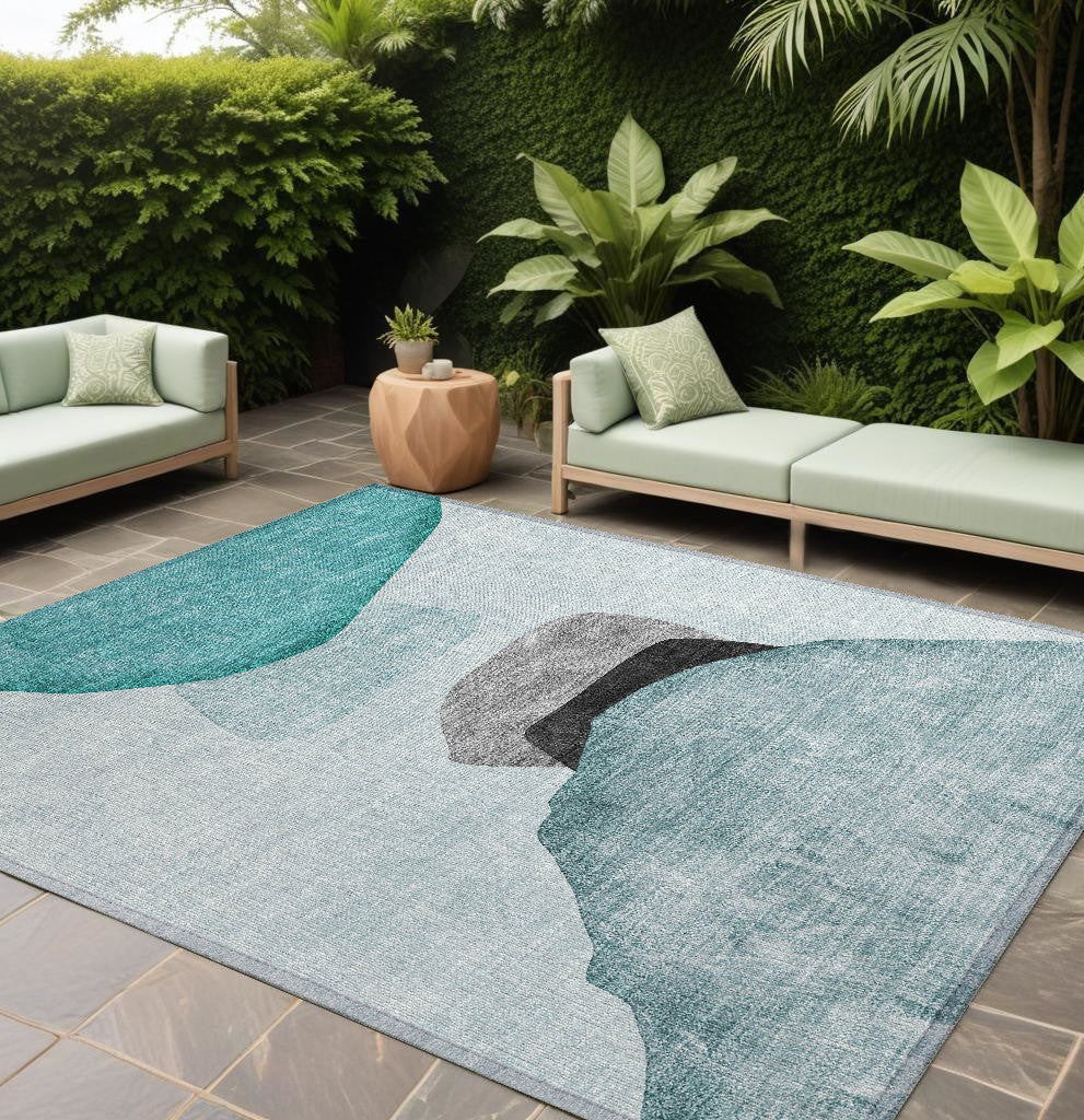 9' X 12' Ivory Teal And Gray Abstract Washable Non Skid Indoor Outdoor Area Rug