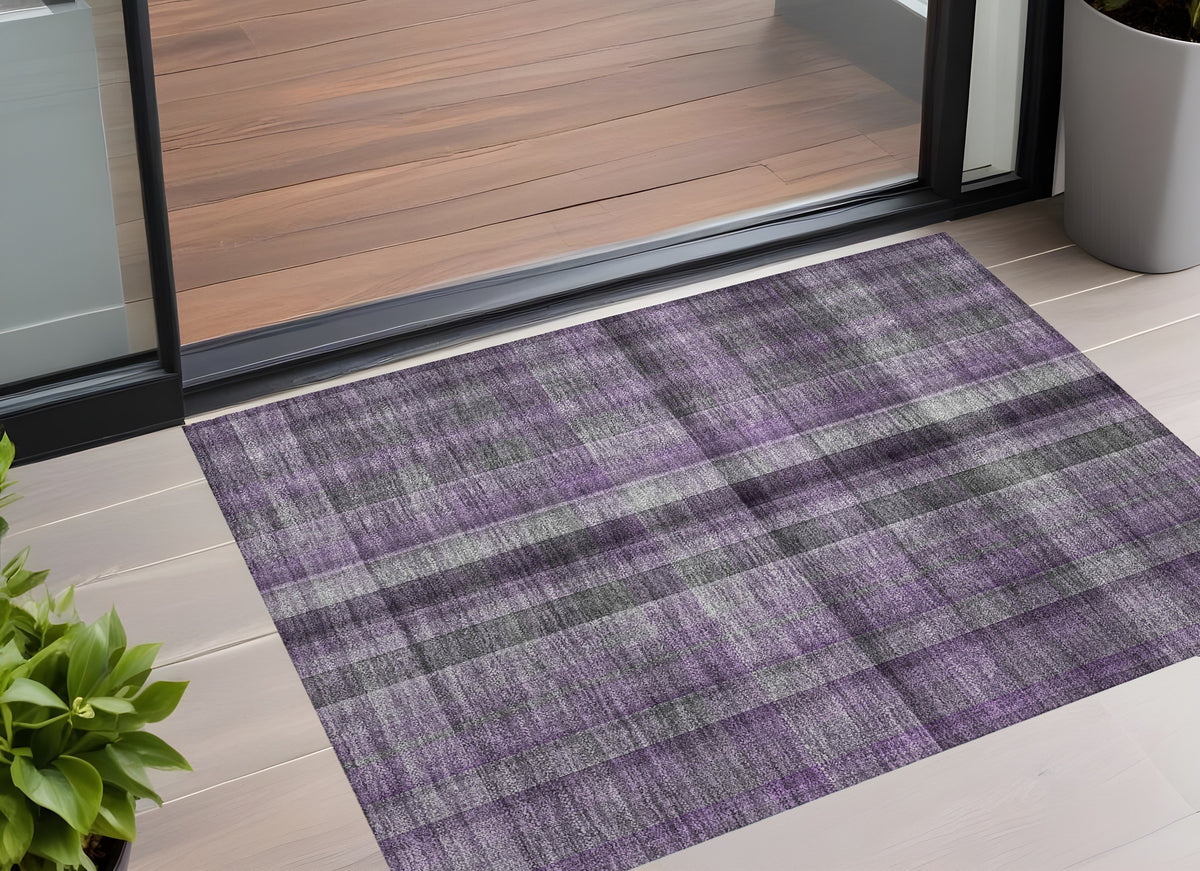 3' X 5' Purple Plaid Washable Non Skid Indoor Outdoor Area Rug