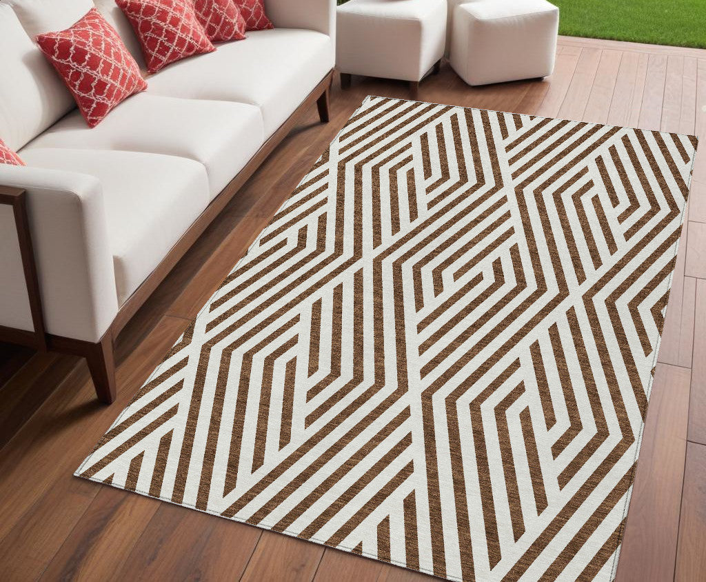 5' X 8' Brown And White Geometric Washable Non Skid Indoor Outdoor Area Rug