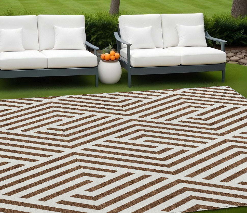 10' X 14' Brown And White Geometric Washable Non Skid Indoor Outdoor Area Rug