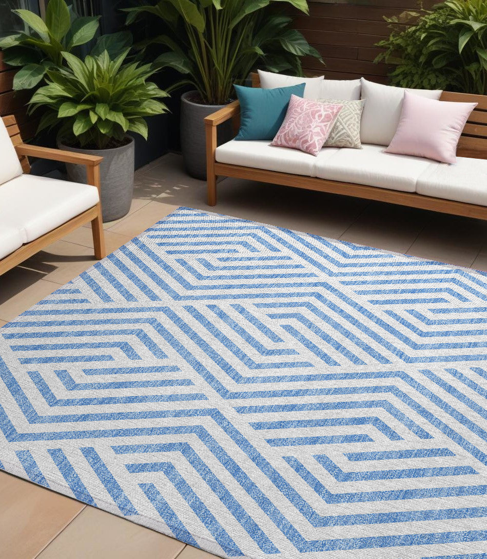 10' X 14' Blue And Ivory Geometric Washable Non Skid Indoor Outdoor Area Rug