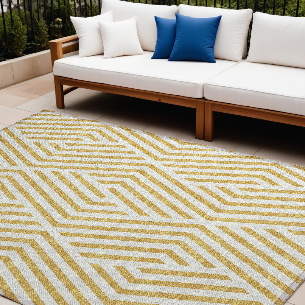 9' X 12' Gold And White Geometric Washable Non Skid Indoor Outdoor Area Rug