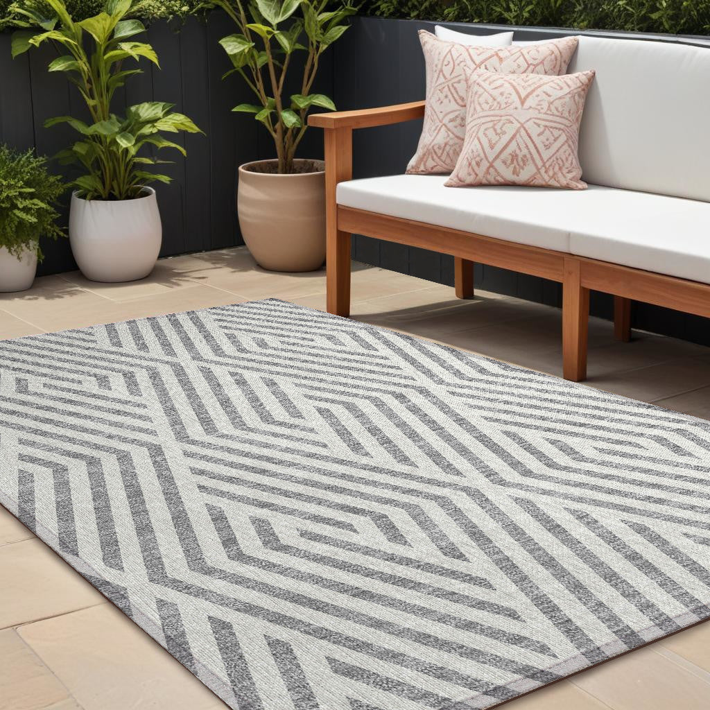 9' X 12' Gray And Ivory Geometric Washable Non Skid Indoor Outdoor Area Rug