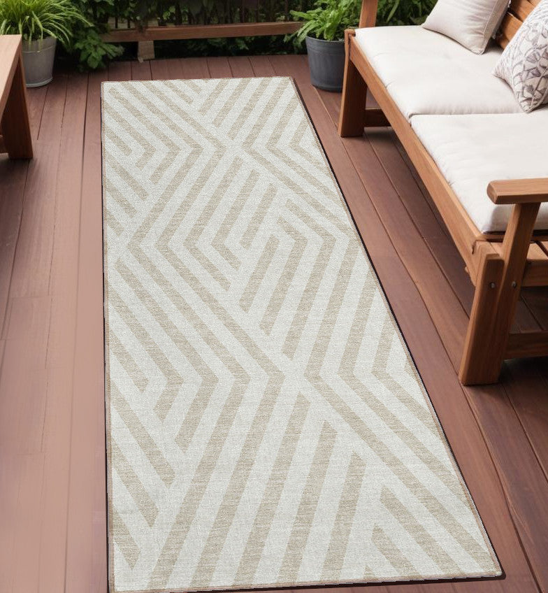 8' Runner Beige And Ivory Geometric Washable Non Skid Indoor Outdoor Runner Rug