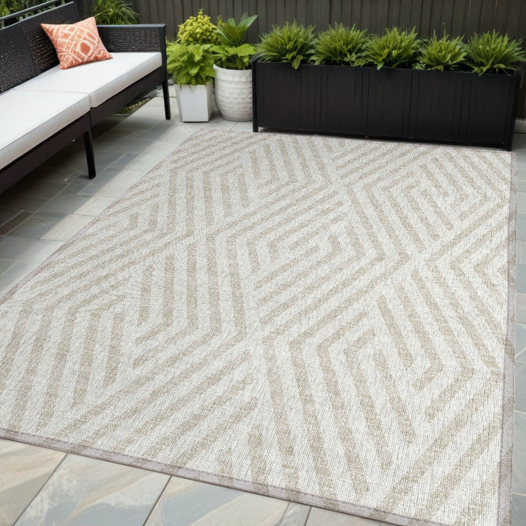 5' X 8' Beige And Ivory Geometric Washable Non Skid Indoor Outdoor Area Rug