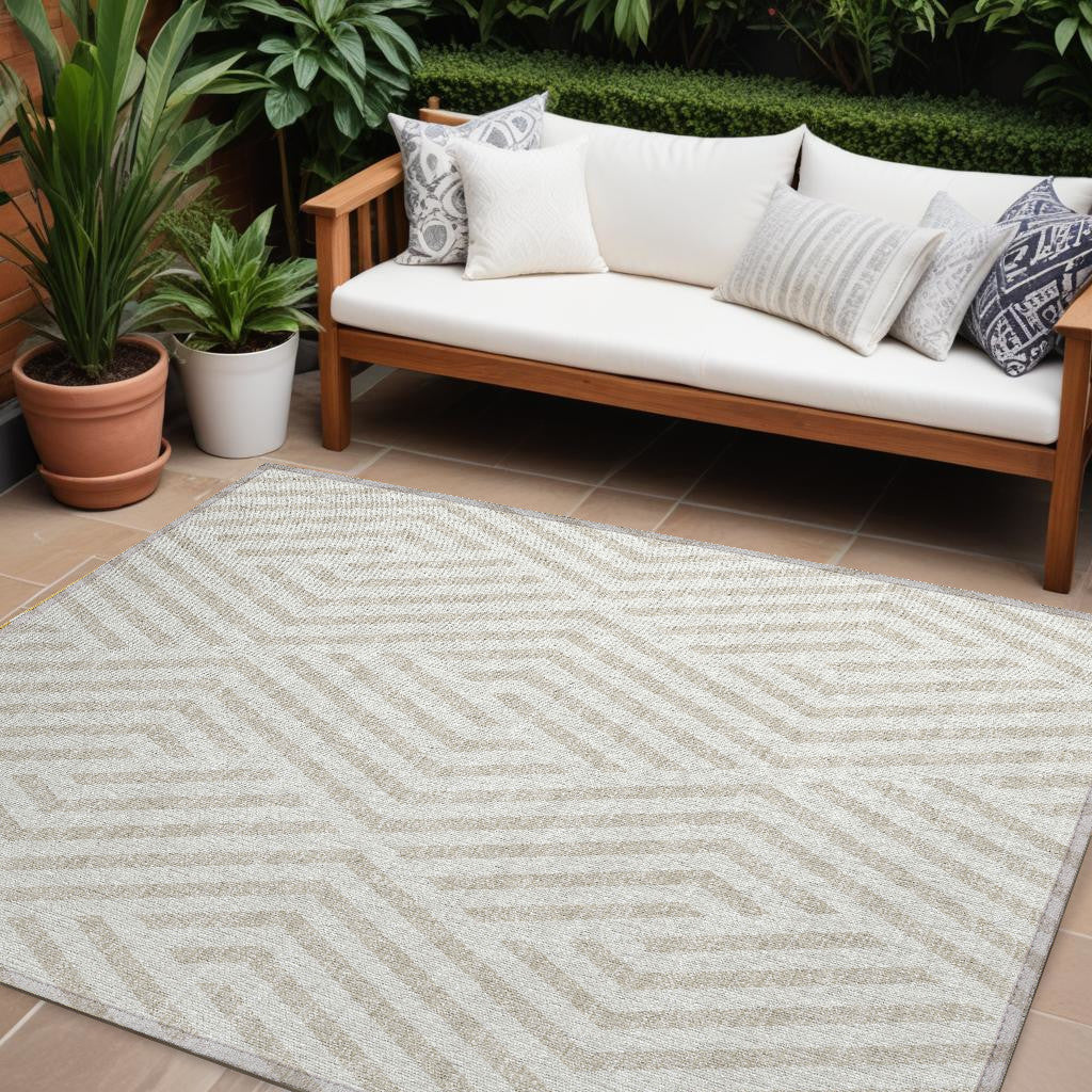 10' X 14' Beige And Ivory Geometric Washable Non Skid Indoor Outdoor Area Rug