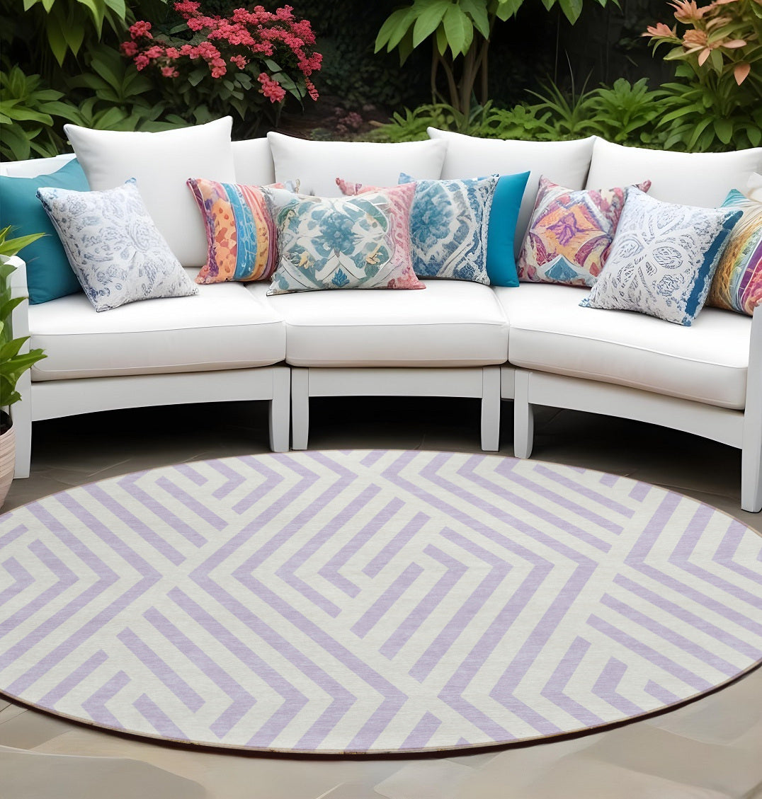 8' Round Lavender And Ivory Round Geometric Washable Non Skid Indoor Outdoor Area Rug