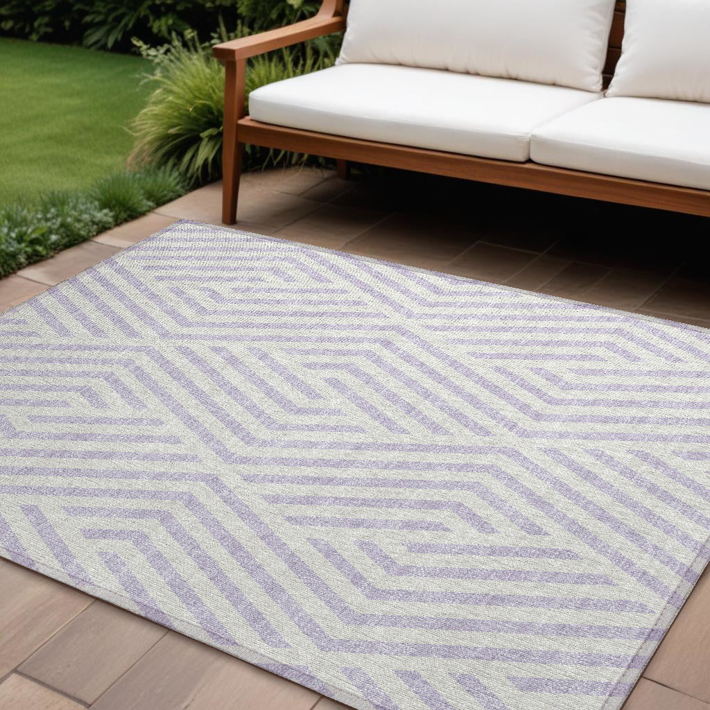 9' X 12' Lavender And Ivory Geometric Washable Non Skid Indoor Outdoor Area Rug