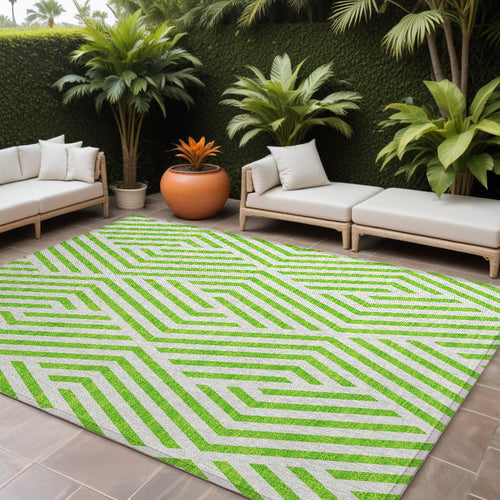 10' X 14' Lime Green And White Geometric Washable Non Skid Indoor Outdoor Area Rug