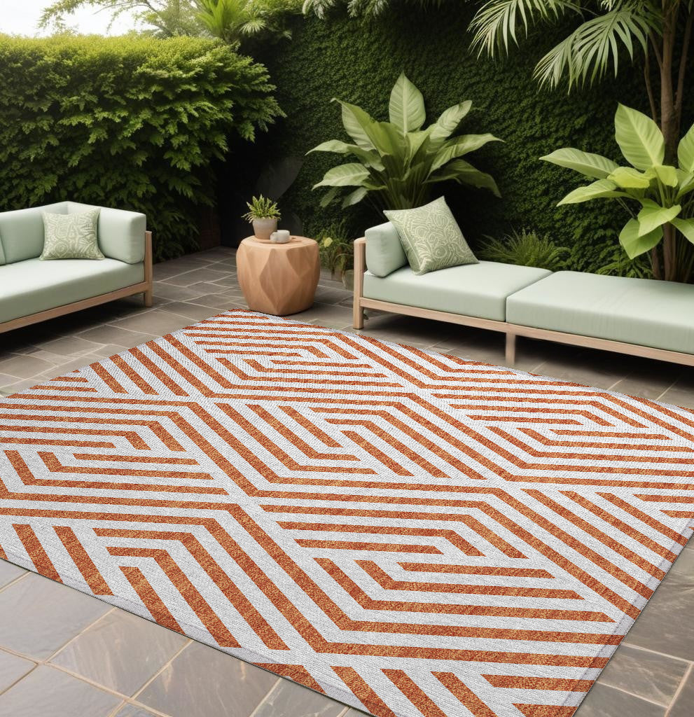 9' X 12' Orange And White Geometric Washable Non Skid Indoor Outdoor Area Rug