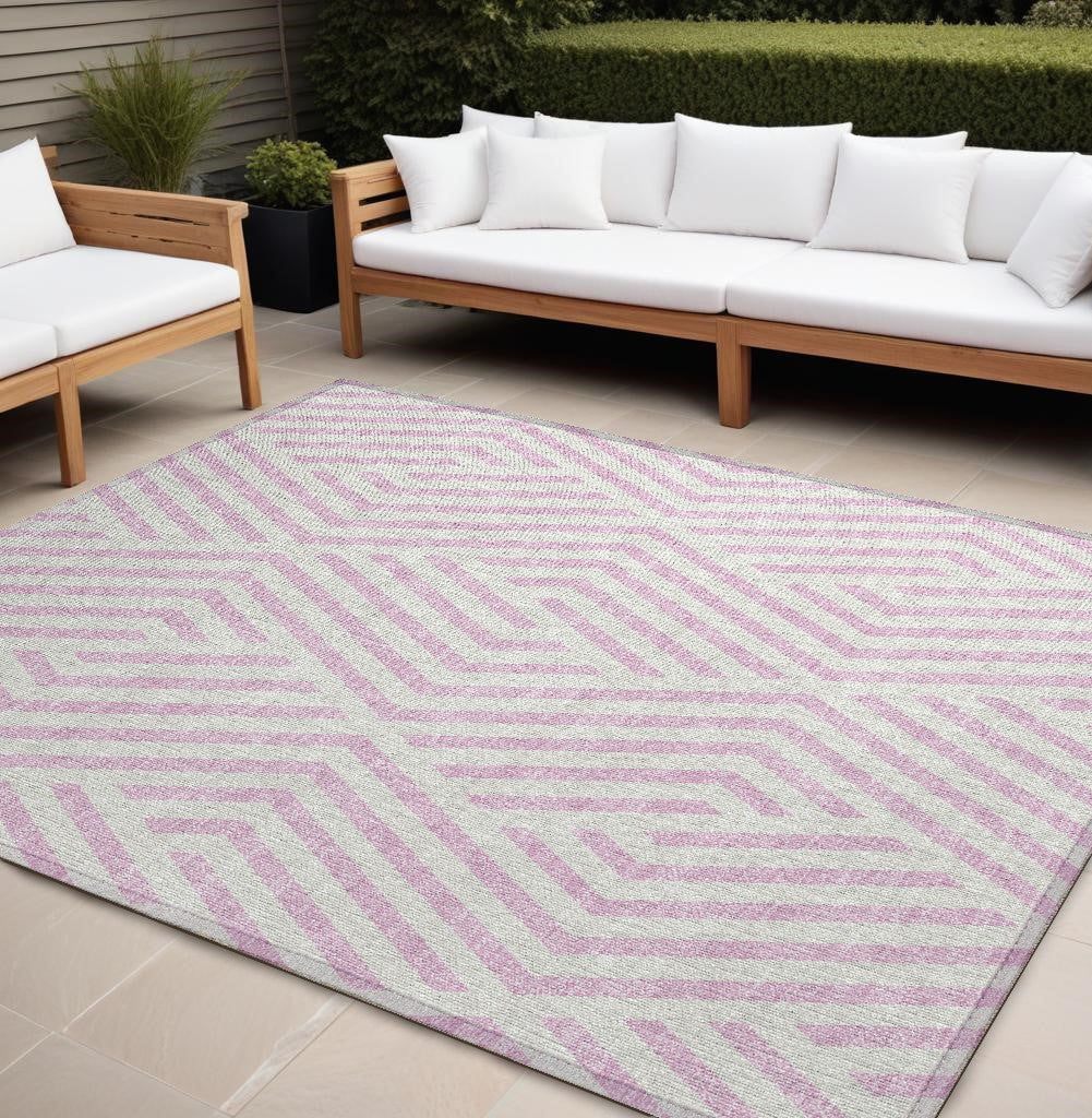 9' X 12' Pink And White Geometric Washable Non Skid Indoor Outdoor Area Rug